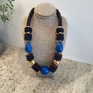 Vintage Blue Black and Gold Beaded Chunky Necklace 60’s